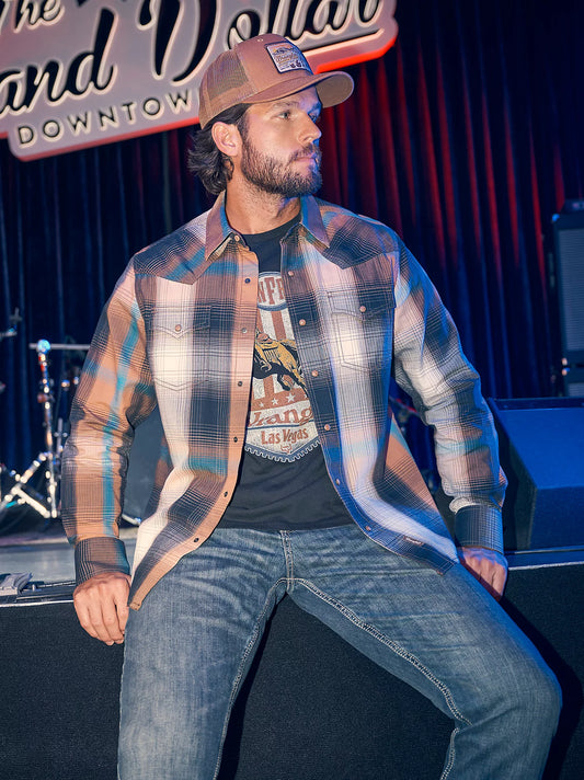 Wrangler Retro Bold Brown Premium Long Sleeve Western Snap Plaid Shirt