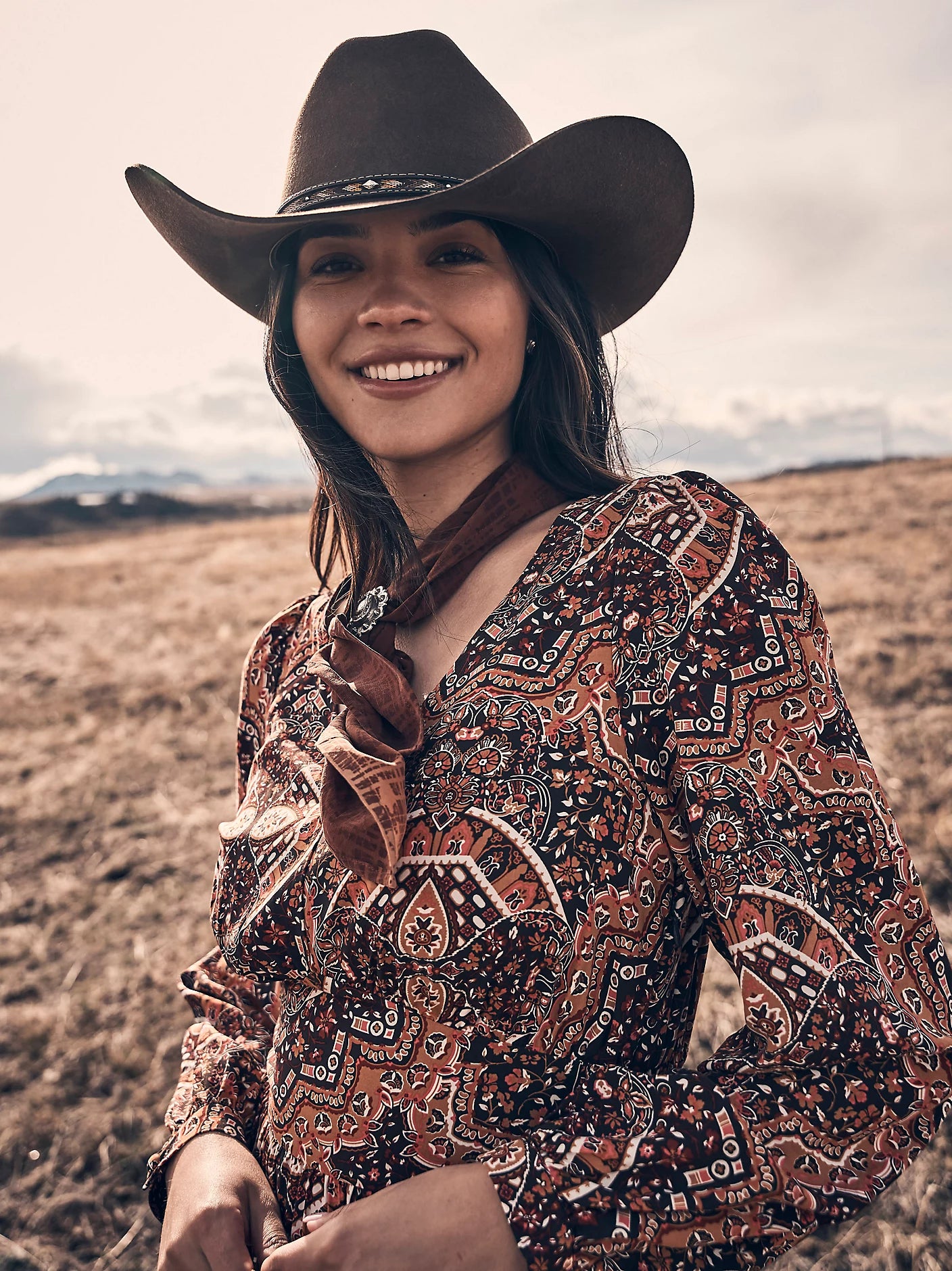 Wrangler Ruffle Brown Accent Maxi Dress