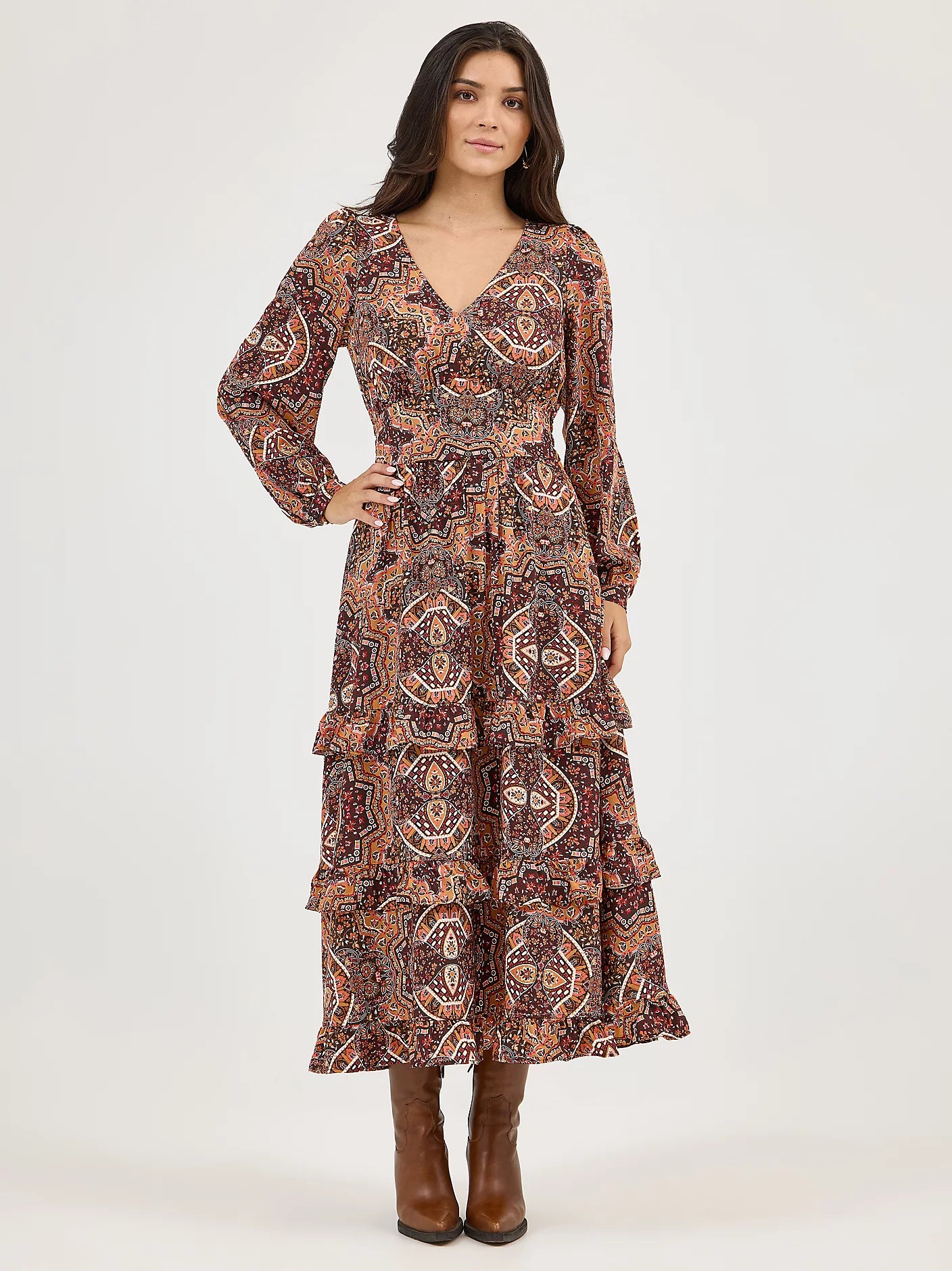 Wrangler Ruffle Brown Accent Maxi Dress