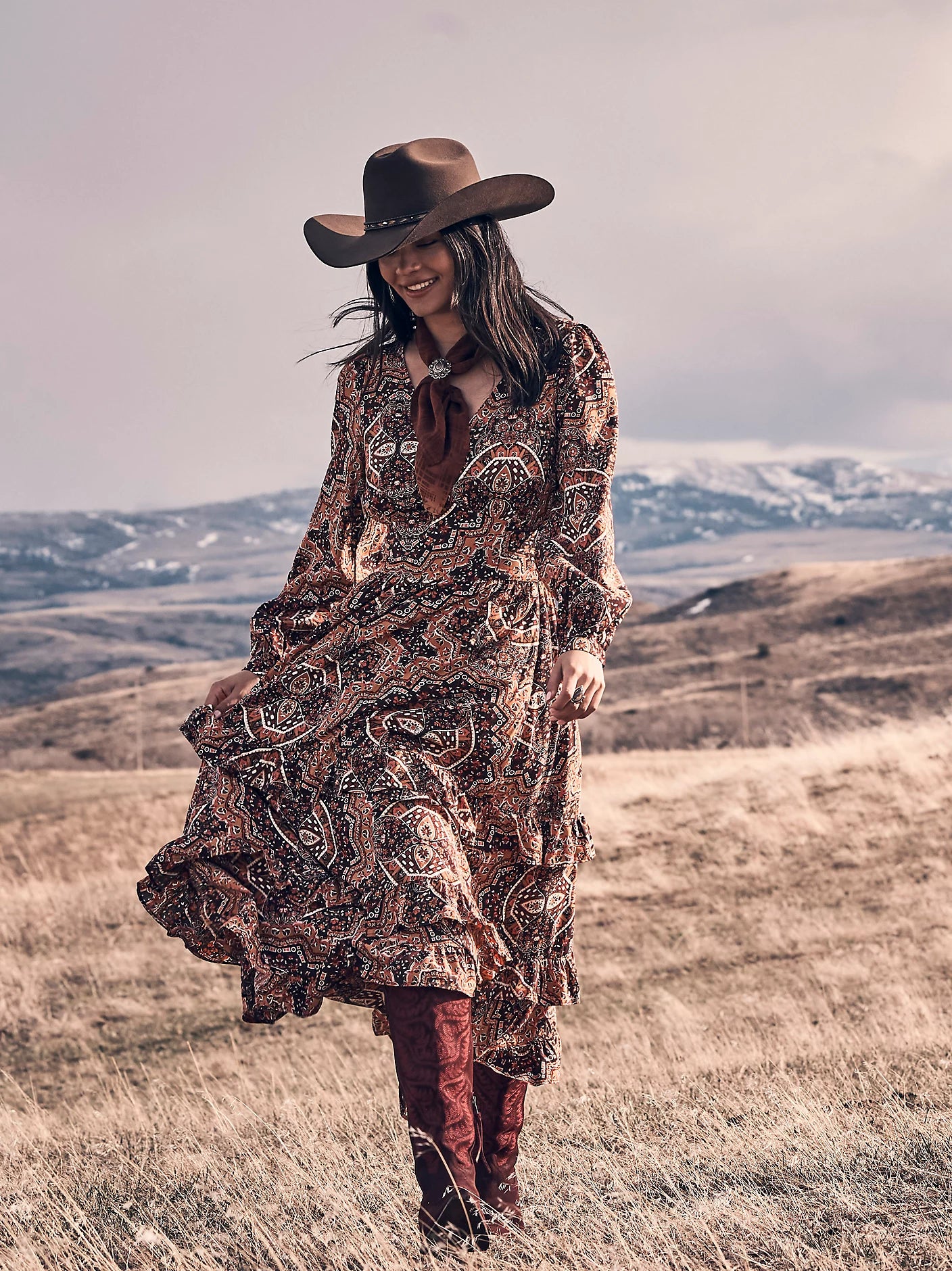 Wrangler Ruffle Brown Accent Maxi Dress