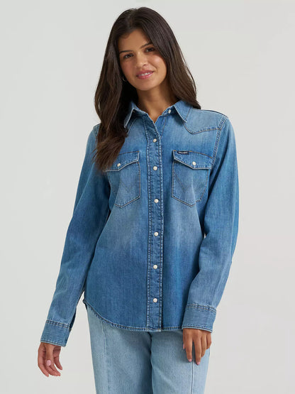 Wrangler Women's Vintage-Fit Denim Western Snap Shirt
