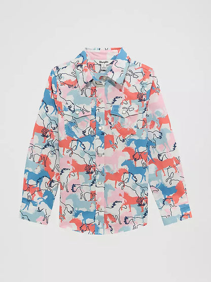 Wrangler Girl's Cowboy Horse Print Western Snap Shirt