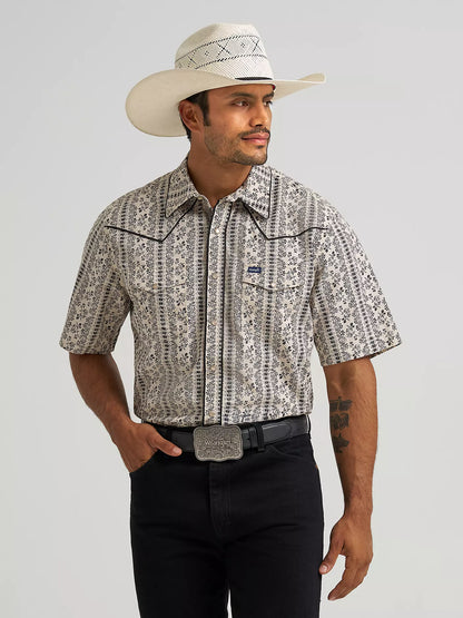 Wrangler Ecru Vintage-Inspired Piped Printed Western Snap Shirt