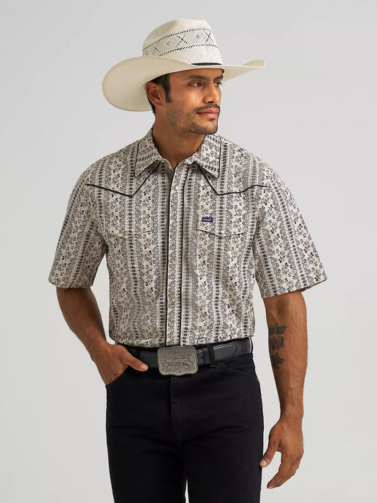 Wrangler Ecru Vintage-Inspired Piped Printed Western Snap Shirt