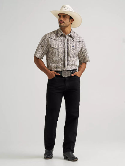 Wrangler Ecru Vintage-Inspired Piped Printed Western Snap Shirt