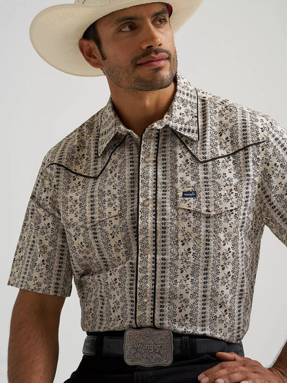 Wrangler Ecru Vintage-Inspired Piped Printed Western Snap Shirt