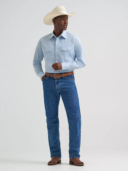 Wrangler Wrinkle Resist Sky Blue Long Sleeve Snap Stripe Shirt