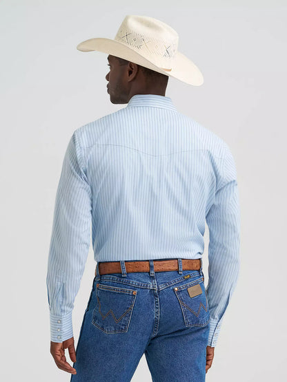 Wrangler Wrinkle Resist Sky Blue Long Sleeve Snap Stripe Shirt