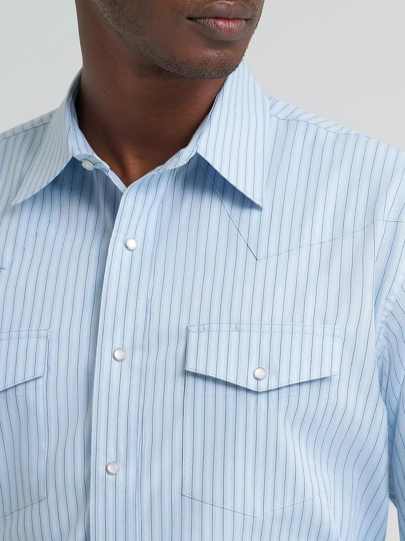 Wrangler Wrinkle Resist Sky Blue Long Sleeve Snap Stripe Shirt
