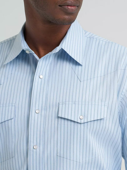 Wrangler Wrinkle Resist Sky Blue Long Sleeve Snap Stripe Shirt