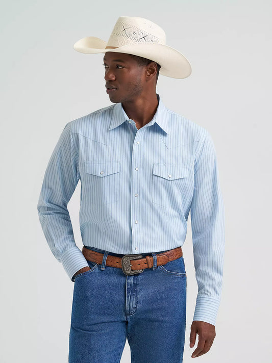 Wrangler Wrinkle Resist Sky Blue Long Sleeve Snap Stripe Shirt