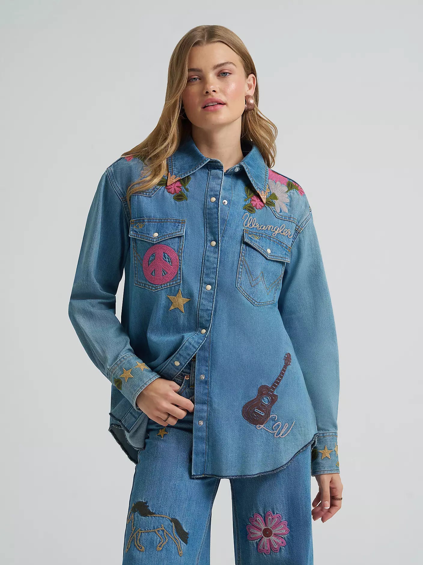 Lainey Wilson x Wrangler Embroidered Medium Wash Denim Shirt