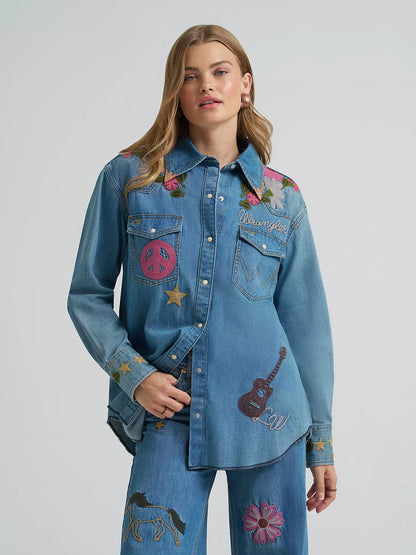 Lainey Wilson x Wrangler Embroidered Medium Wash Denim Shirt