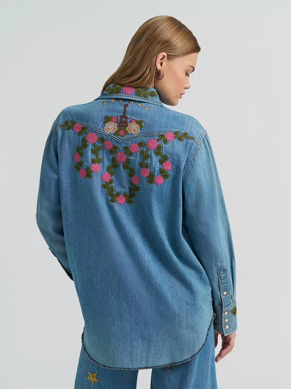 Lainey Wilson x Wrangler Embroidered Medium Wash Denim Shirt