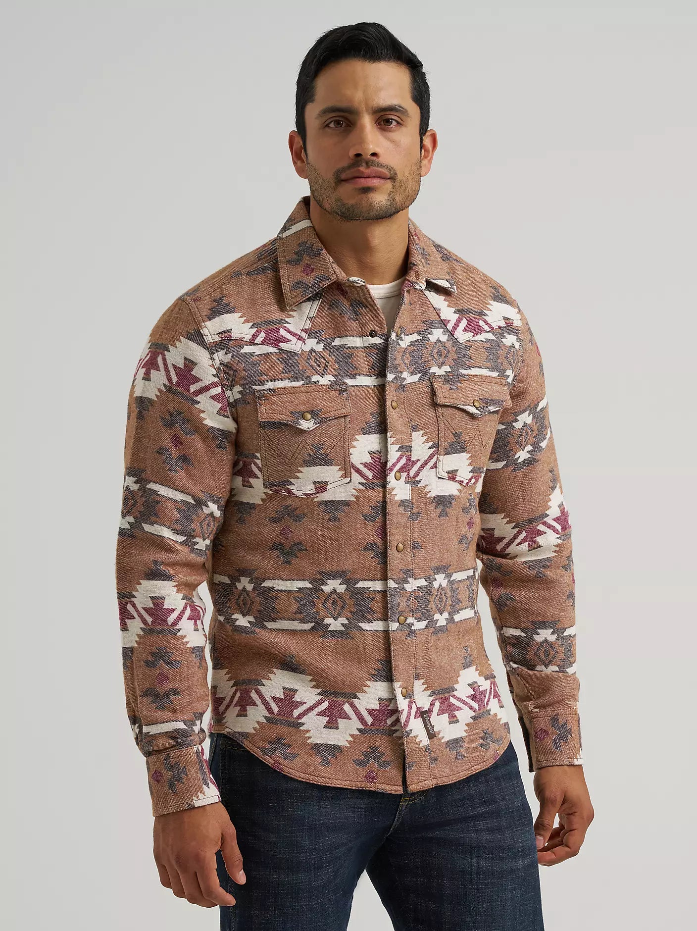 Wrangler Retro Premium Brown Arrowhead Western Snap Jacquard Shirt