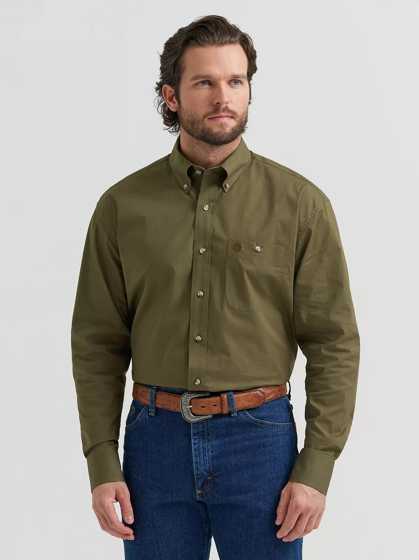 Wrangler George Strait Lichen Solid One Pocket Button Down Shirt