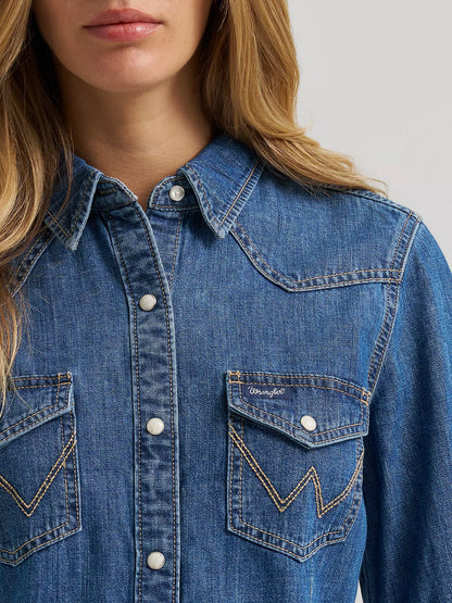 Wrangler Women's Barrel Sleeve Denim Western Snap Shirt