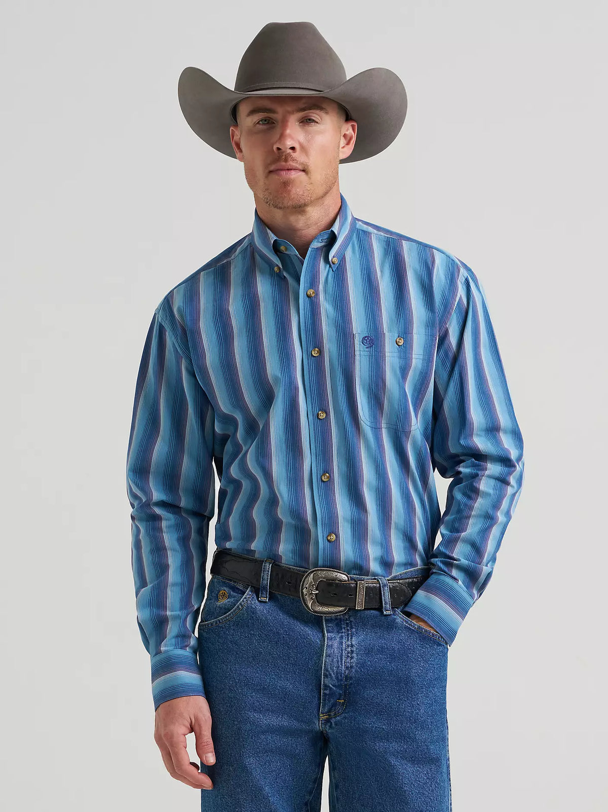 Wrangler George Strait Blue Ombre Stripe Long Sleeve Button Down Shirt