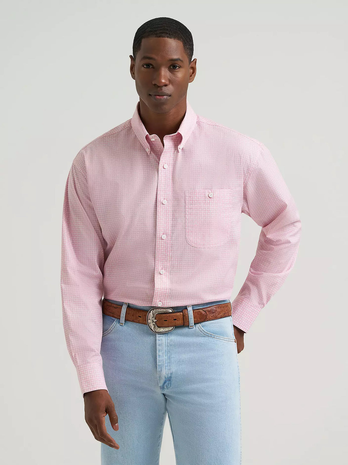 Wrangler Bucking Cancer Pale Pink Button Down Shirt