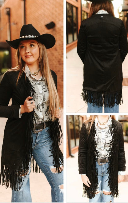 Black Faux Suede Fringed Hem Cardigan