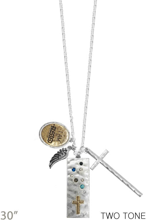 HAMMERED BAR I AM BLESSED CROSS CHARM NECKLACE