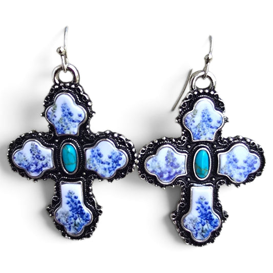Blue Floral Cross Turquoise Gem Earrings