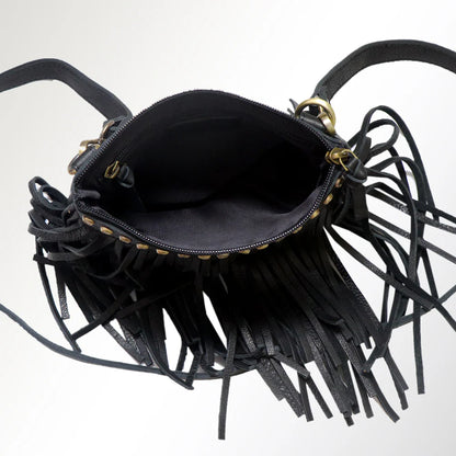 BLACK LEATHER FRINGE CROSSBODY PURSE