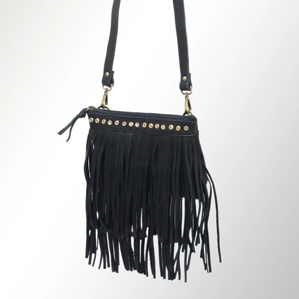 BLACK LEATHER FRINGE CROSSBODY PURSE