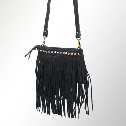 BLACK LEATHER FRINGE CROSSBODY PURSE