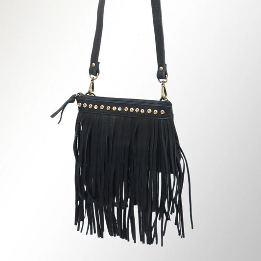 BLACK LEATHER FRINGE CROSSBODY PURSE