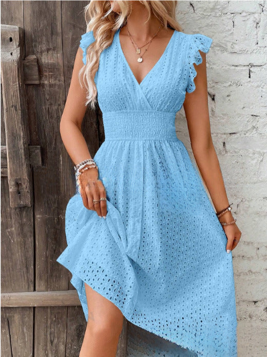 V Neck Ruffle Cap Sleeve Smocked Waist Summer Sundress