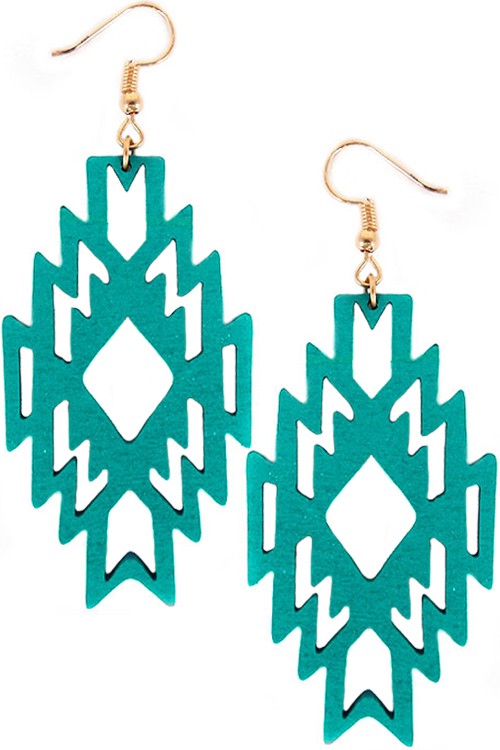 WESTERN TURQUOISE NAVAJO AZTEC CUT OUT WOOD EARRING
