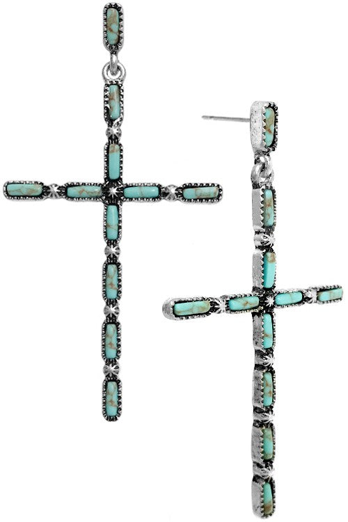 WESTERN CONCHO CROSS GEMSTONE DANGLING EARRING