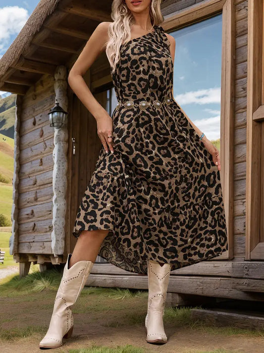Vintage Leopard Print One Shoulder Tie Dress