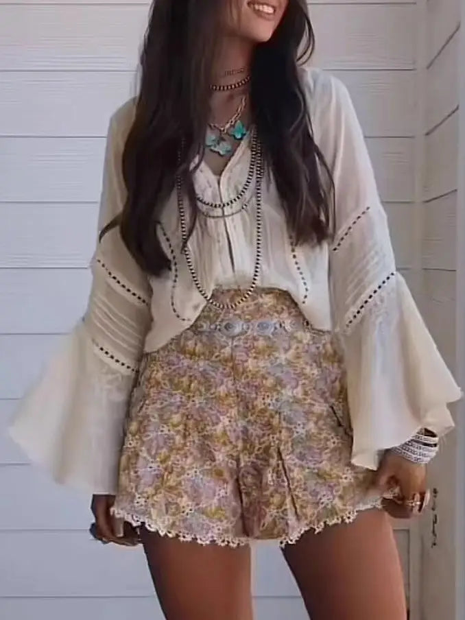 Western Cowgirl Boho Flare Sleeve V-Neck Shirt
