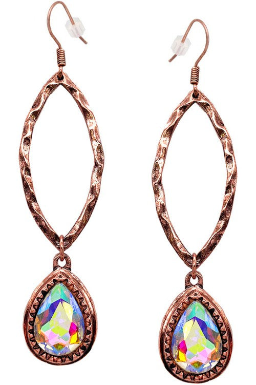 Copper Hammered Marquis Teardrop Glass Crystal Earring