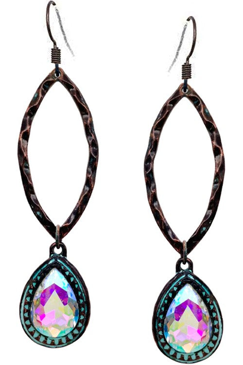Patina Hammered Marquis Teardrop Glass Crystal Earring