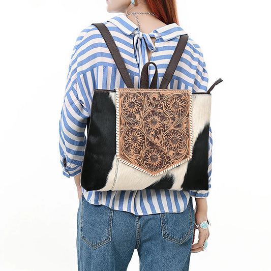 COWHIDE LEATHER TOOLED BACKPACK PURSE