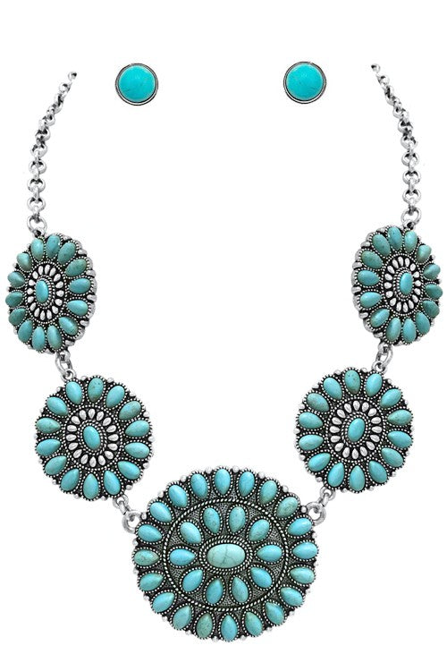 WESTERN CONCHO FLOWER GEMSTONE NECKLACE SET