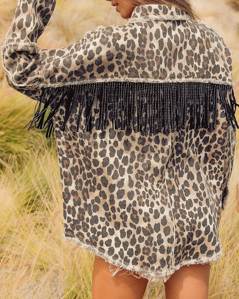 Leopard Fringed Oversized Denim Jacket