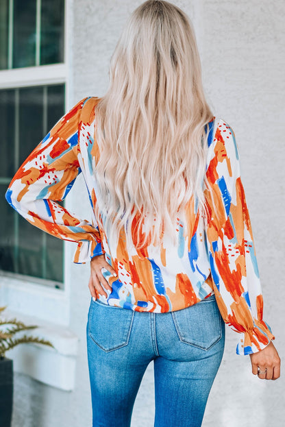 Multicolor Printed Ruffle Trim Long Sleeve Top