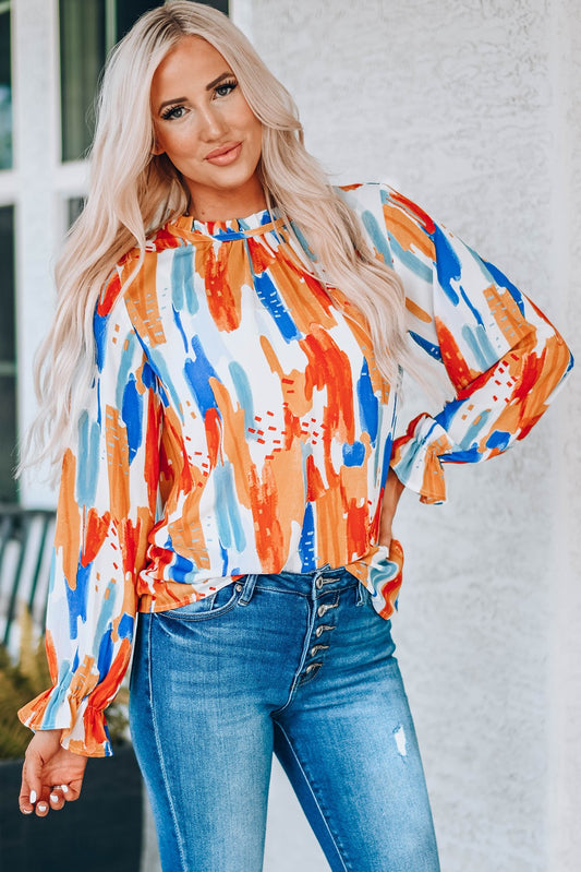 Multicolor Printed Ruffle Trim Long Sleeve Top