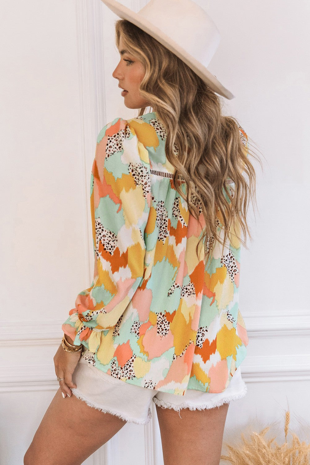 Abstract Print Puffy Sleeve Blouse