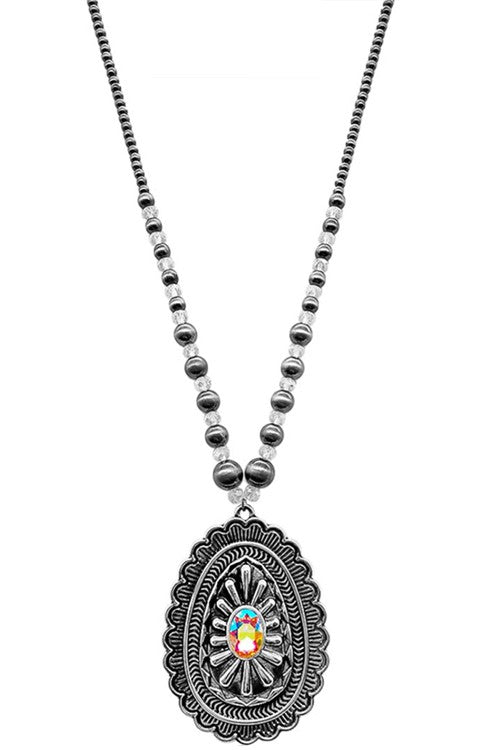 WESTERN AZTEC RHINESTONE TEARDROP PENDANT NECKLACE