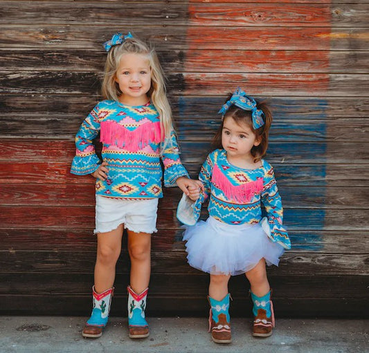 Turquoise Aztec Fringe Onesie