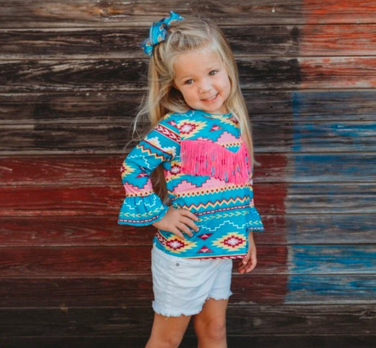 Teal Aztec Fringe Girl's Shirt