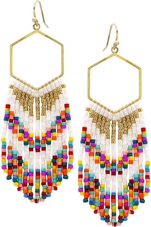 Multi Color Hexagon Frame Metal Seed Bead Tassel Earring