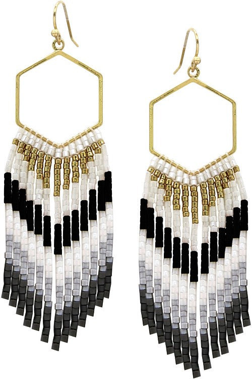 Black Hexagon Frame Metal Seed Bead Tassel Earring