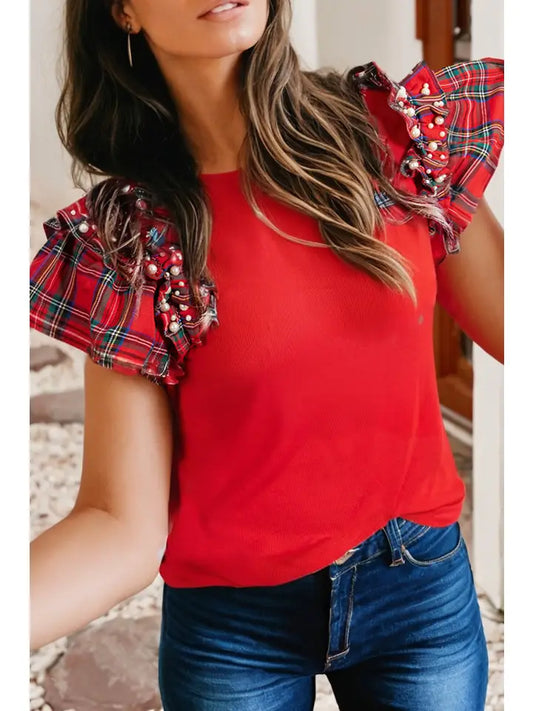 Red Plaid Pearl Ruffle Short Sleeve Shirt