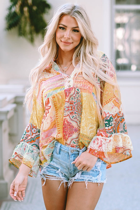 Print Bell Sleeve Lace V-Neck Button Blouse